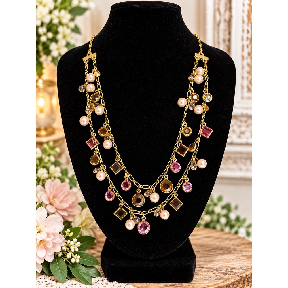 Gold Tone Multi Strand Faux Pearl and Pink Amber Crystal Statement Necklace